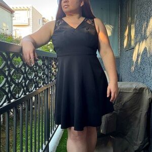 Black Cocktail Length A Line Dress w/ Lace Shoulder Detail